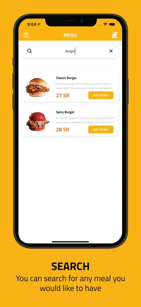 DEEP FRIES | ديب فرايز - Deep Fries mobile app menu search screen showing classic and spicy burger options with prices.