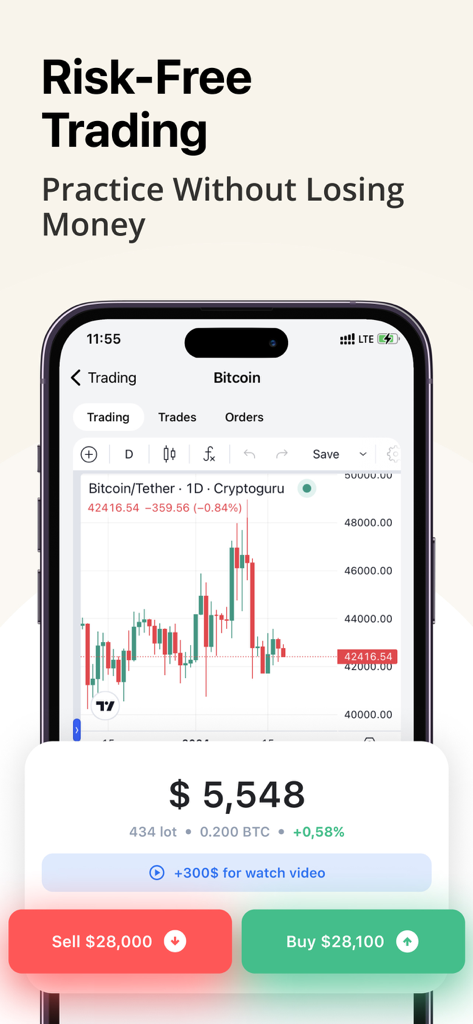 Cryptoguru app interface showing a Bitcoin candlestick chart for risk free trading practice