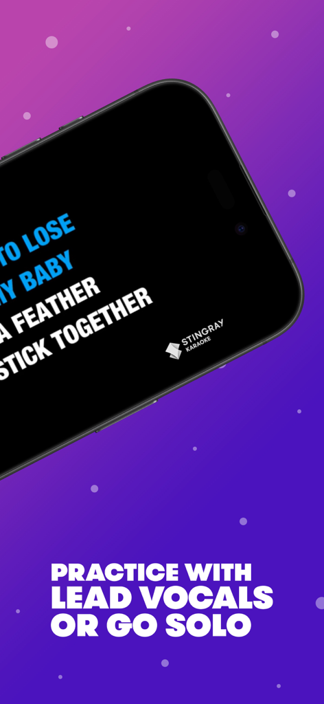 Stingray Karaoke Party - A smartphone screen displaying karaoke lyrics with a text overlay about practicing with lead vocals or singing solo