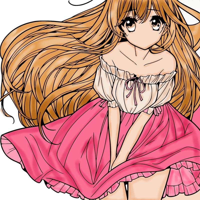 manga girl with long flowing hair and a dress that is pushed down