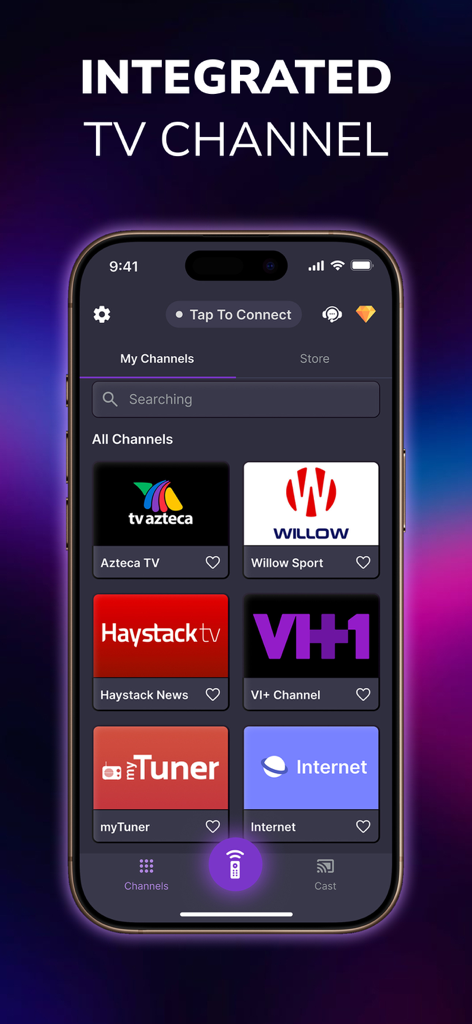 TV Remote Control - Smart TVs - Écran de smartphone affichant les chaînes TV intégrées dans une application de télécommande universelle