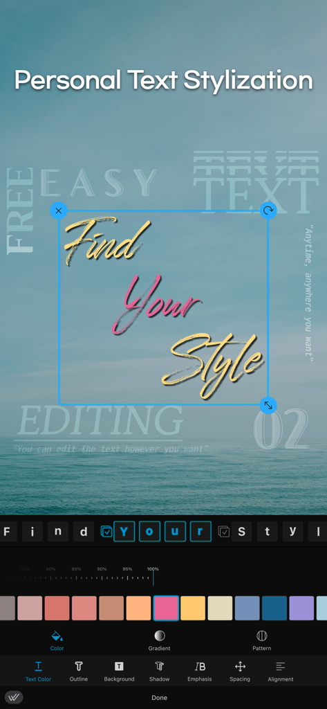 Tela móvel mostrando a interface de edição de texto do aplicativo VLLO com tipografia e opções de cores personalizadas sobre uma paisagem marinha