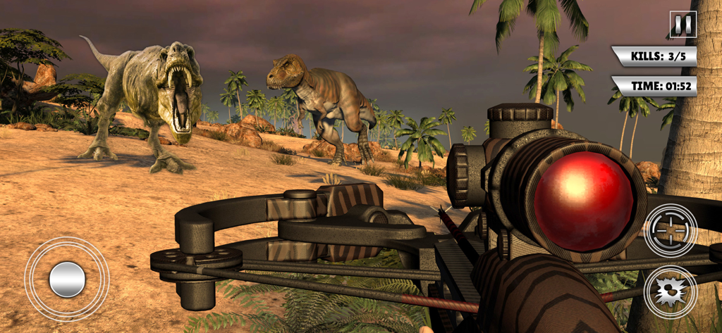 Wild Hunt - Sniper Furry - Vista en primera persona de un jugador apuntando una ballesta con mira a dinosaurios T-Rex en un simulador de caza tropical.