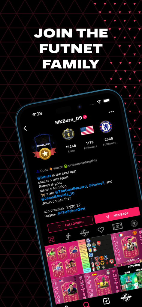 Futnet - FC 25 Cards & Squads - Perfil de usuario de la app Futnet mostrando recuentos de seguidores y una galería de cartas de jugador FC 25 personalizadas.