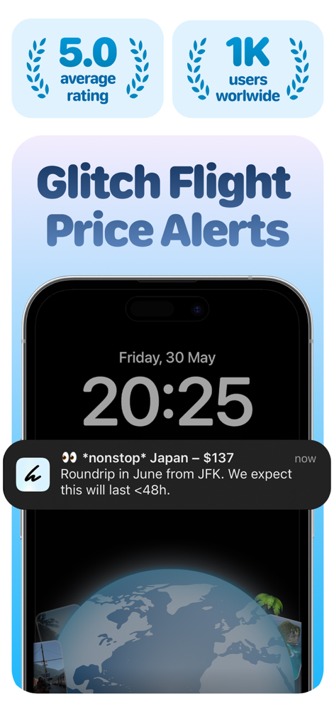 Farely - Smartphone screen showing a Farely app notification for a cheap nonstop flight to Japan