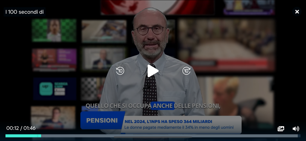 UpTv - Videoplayer in der UpTv-App, der einen Nachrichtenmoderator zeigt, der über italienische Renten spricht