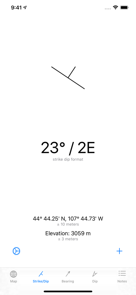 Strike and Dip - Strike and Dipアプリのインターフェース。走向、傾斜、GPS座標、標高を含む地質測定値を表示しています。