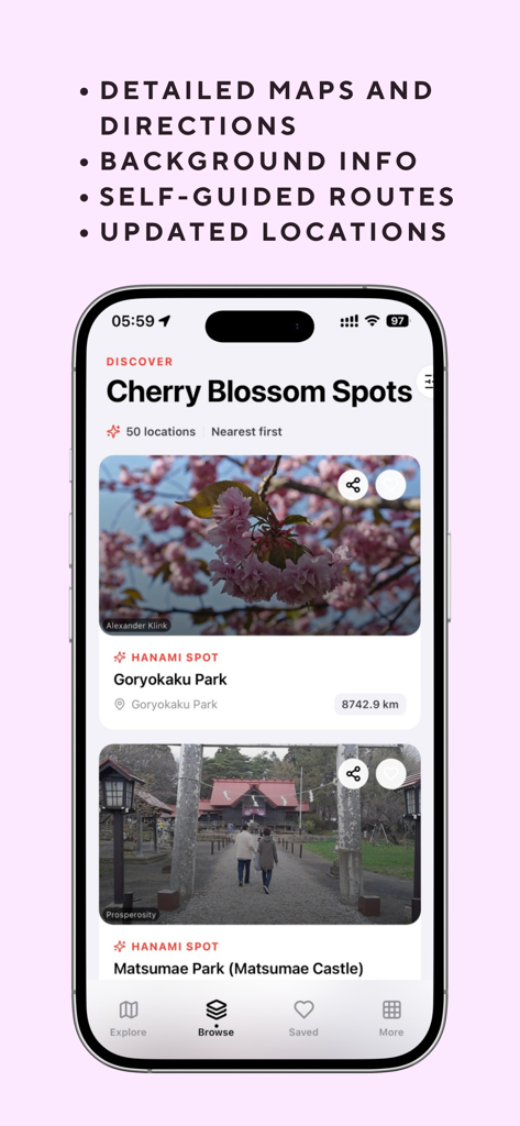 Sakura Spots Japan - A mobile interface for the Sakura Spots Japan app displaying a list of cherry blossom viewing locations like Goryokaku Park with photographs and distance information.