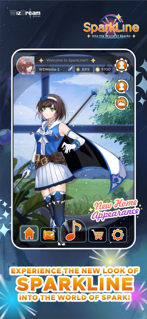 SparkLineリズムゲームのホーム画面。青と白の衣装を着たアニメ風キャラクターと自然の背景が表示されている