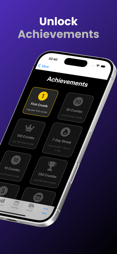 Pantalla de logros en la aplicación Memory Crumbs que muestra insignias desbloqueables y hitos de diario como Primera Migaja y Racha de 7 días.