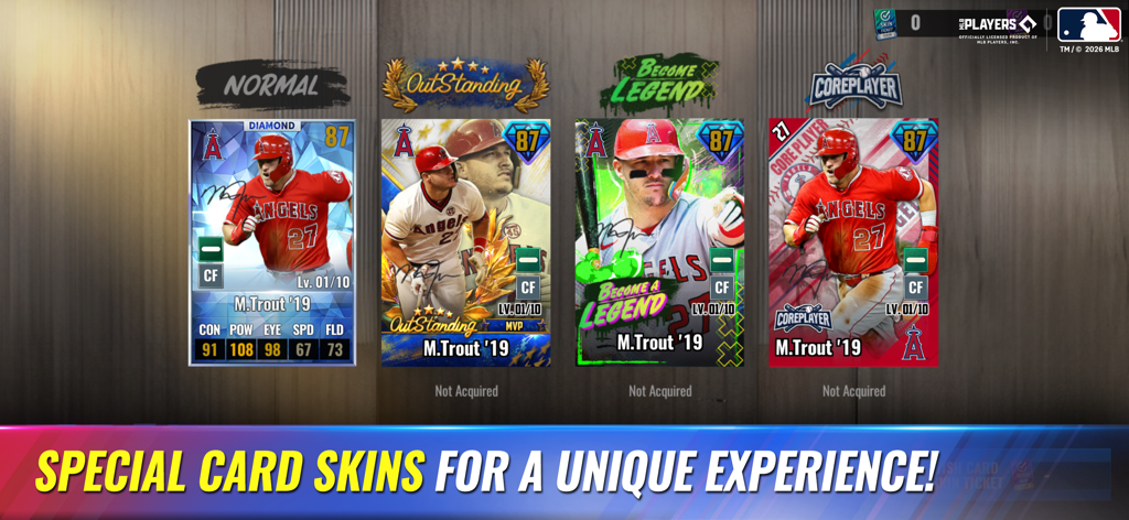Display of four different player card skins for Mike Trout in MLB 9 Innings 26 including Normal Outstanding Become Legend and Core Player styles