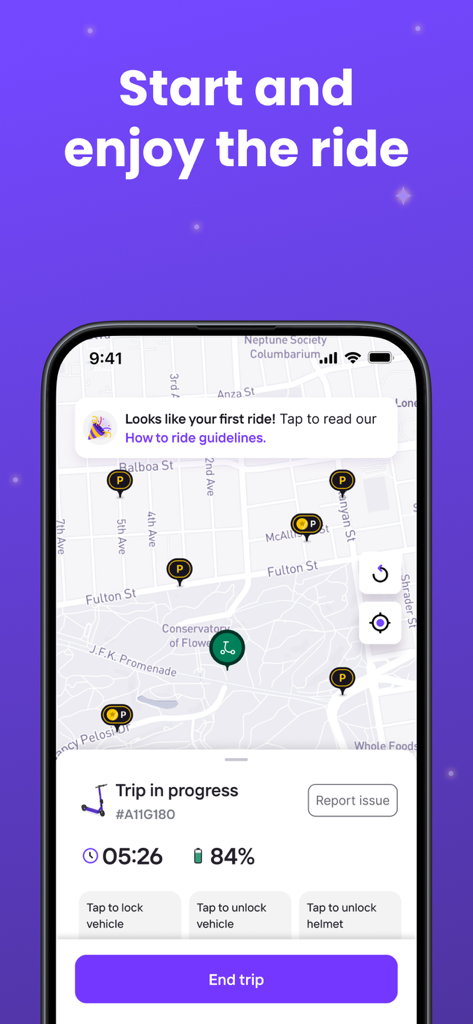 Beam app interface showing a live scooter trip on a map with battery levels and ride controls