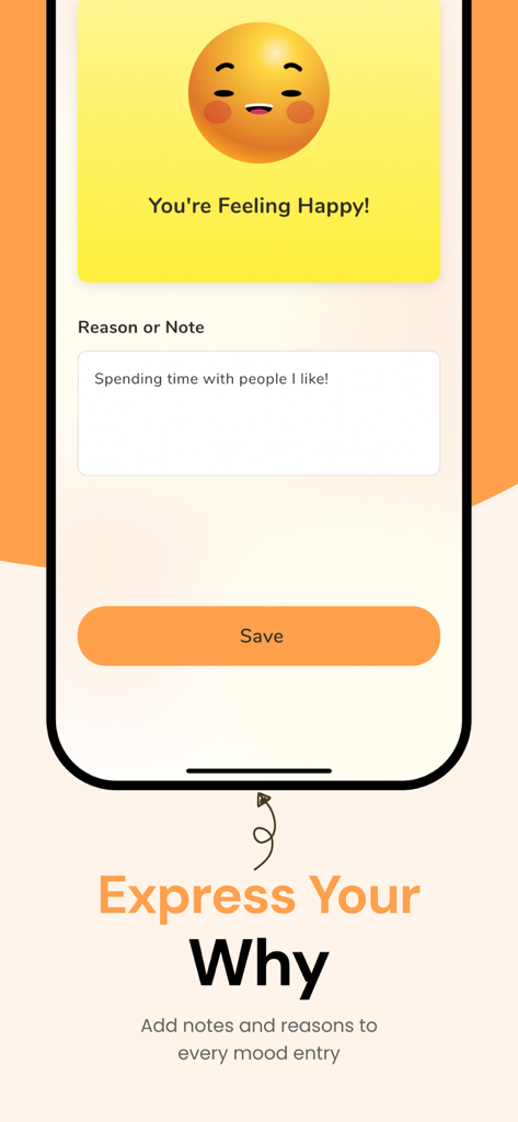 Interface of the Mood Journal app showing a happy emoji and a text box to add notes to a mood entry