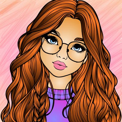 girl with long hair and freckles and glasses realistic