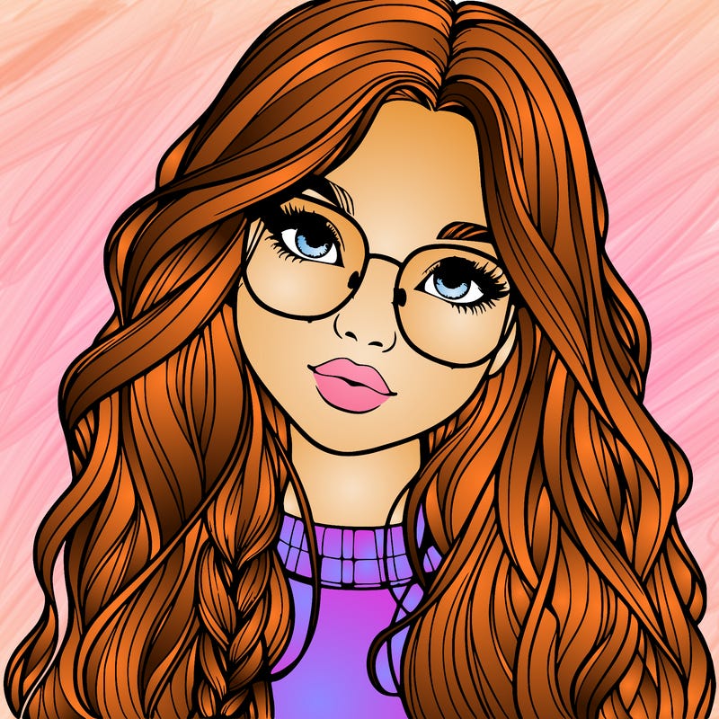 girl with long hair and freckles and glasses realistic