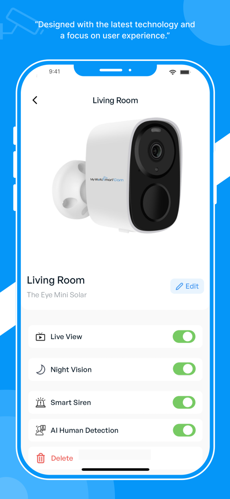 My Watchman™ Cam - AI人間検知とスマートサイレンのトグルを備えたリビングルームカメラのセキュリティカメラ設定を表示するスマートフォン画面。