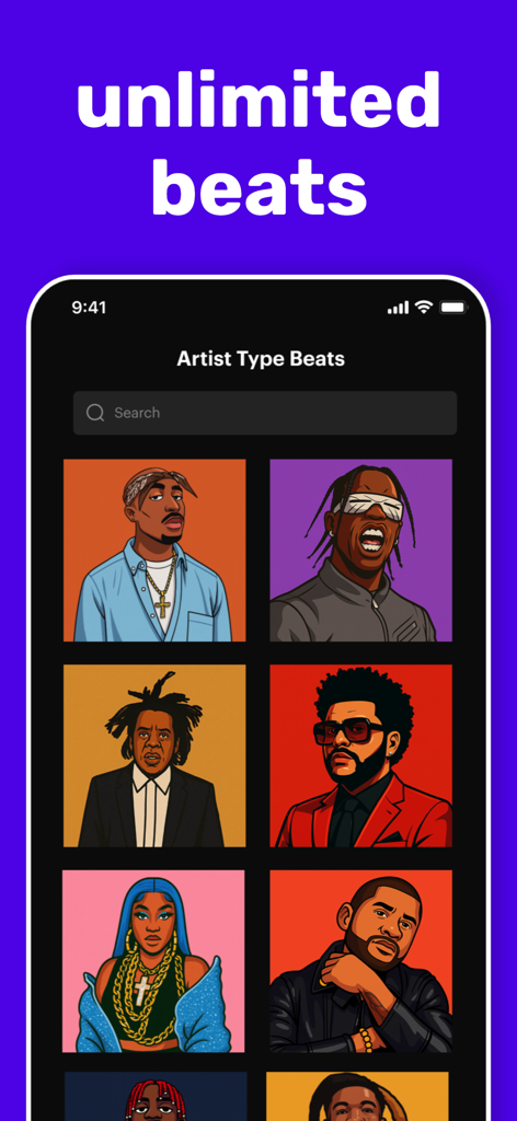 Rapchat - Music Maker & Beats - Una pantalla móvil de la aplicación Rapchat que muestra una selección de ritmos tipo artista con retratos ilustrados de raperos famosos.