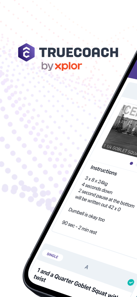 TrueCoach - TrueCoach mobile app interface showing detailed workout instructions and exercise tempo for a goblet squat