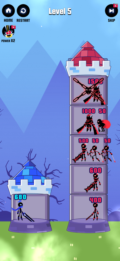 Hero Castle War: Tower Attack - Stickman hero in a math-based tower climb puzzle game level.