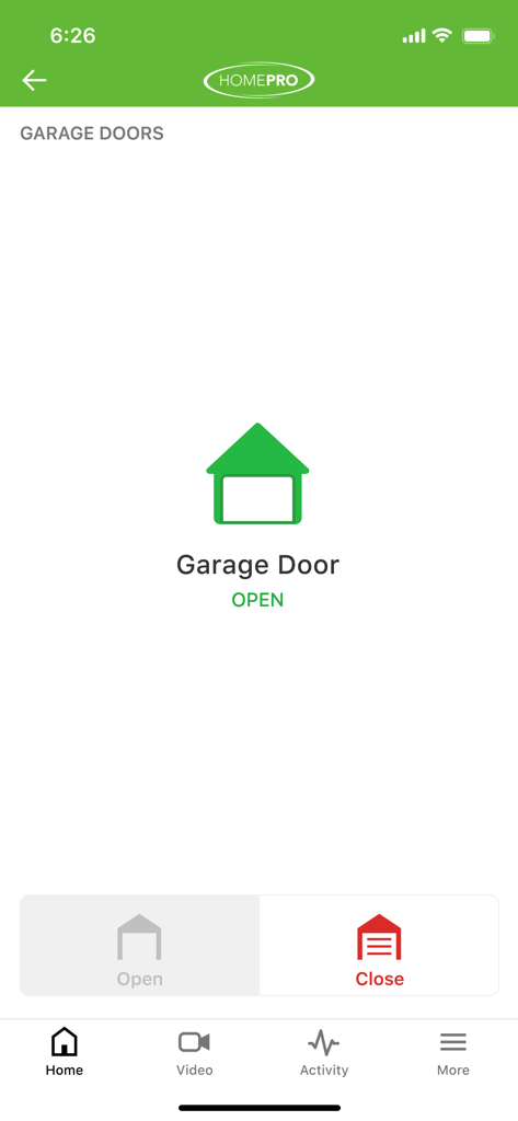 HomePro Security - HomePro Security app interface showing a garage door status as open with an option to close it remotely