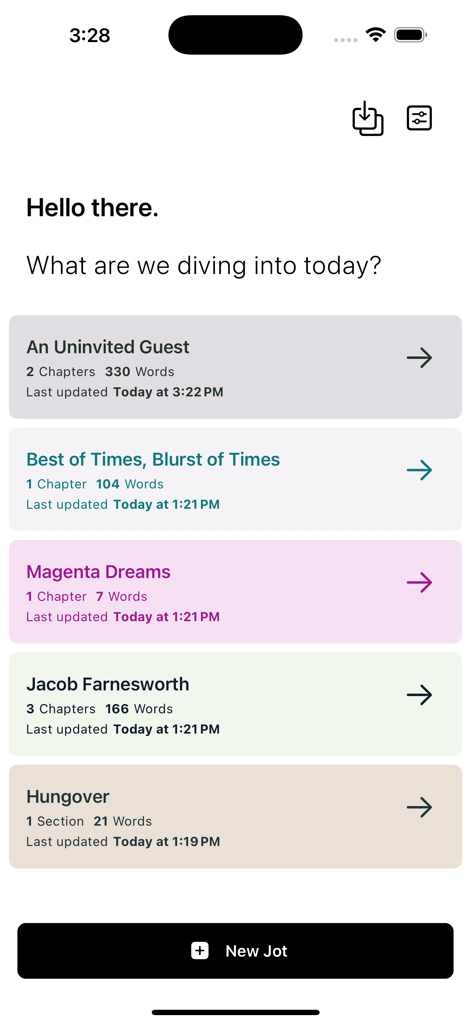 Jot Writer - Panel principal de la aplicación Jot Writer que muestra una lista de proyectos de escritura con recuentos de palabras y temas coloridos