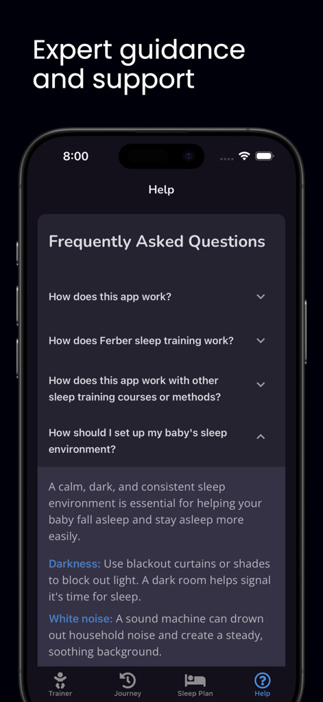 Oona: Baby Sleep Trainer - FAQ screen in the Oona app showing expert guidance and baby sleep training advice