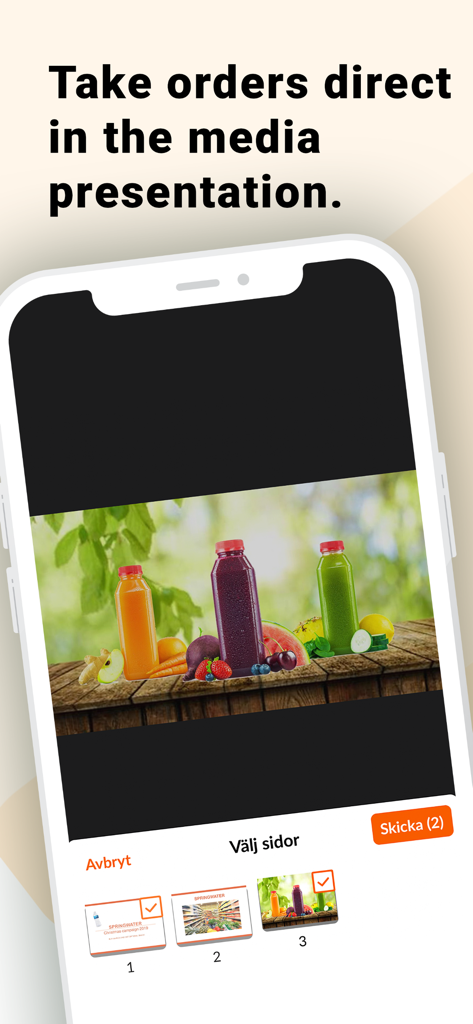 Mobile app screen showing media presentation feature to take orders directly