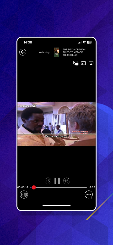 Interfaz del reproductor de video de la aplicación Emmanuel TV que muestra un sermón con controles de reproducción y subtítulos