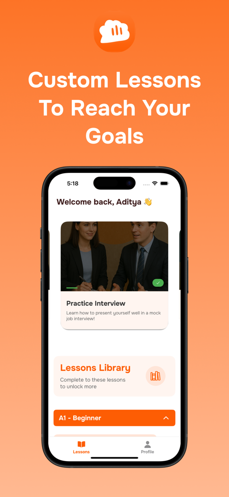 Schermata principale dell'app Versa che mostra lezioni personalizzate di inglese per un colloquio di lavoro simulato