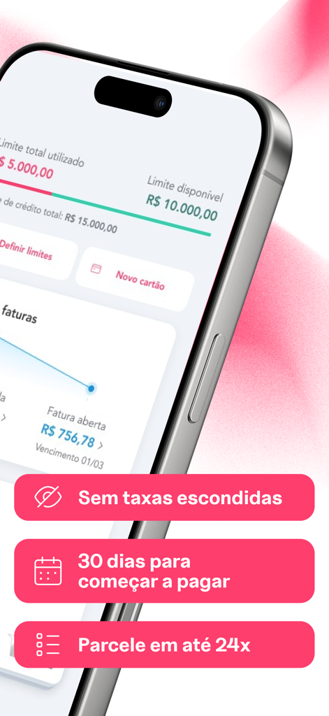 Smartphone screen showing Cora bank app with credit limit details and business benefits like no hidden fees and installments.