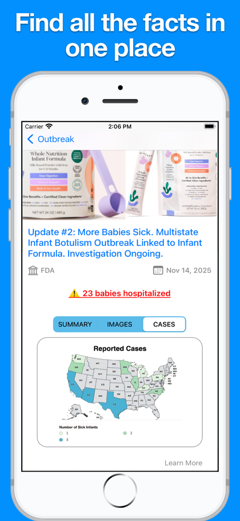 Food Recalls & Alerts - 報告された症例の米国地図を含む、乳児用調製粉乳ボツリヌス症アウトブレイクに関する詳細なレポートを表示する食品リコール＆アラートアプリのスクリーンショット。