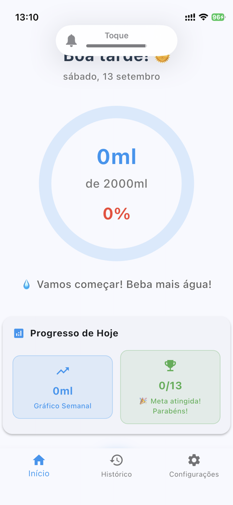 Beba Agua mobile app home screen with water intake tracker showing 0 percent progress towards a 2000ml goal