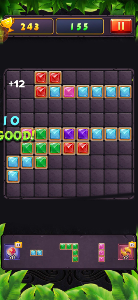 俄罗斯消消方块 - A screenshot of a jewel-themed block puzzle game showing colorful gem pieces arranged on a grid with a score counter.