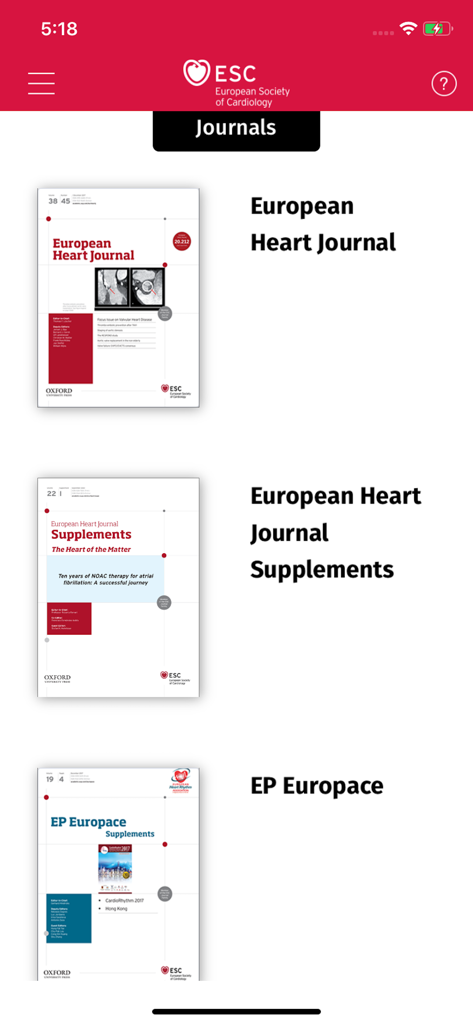 A list of cardiology journals including European Heart Journal and EP Europace displayed in the ESC Journals app interface.