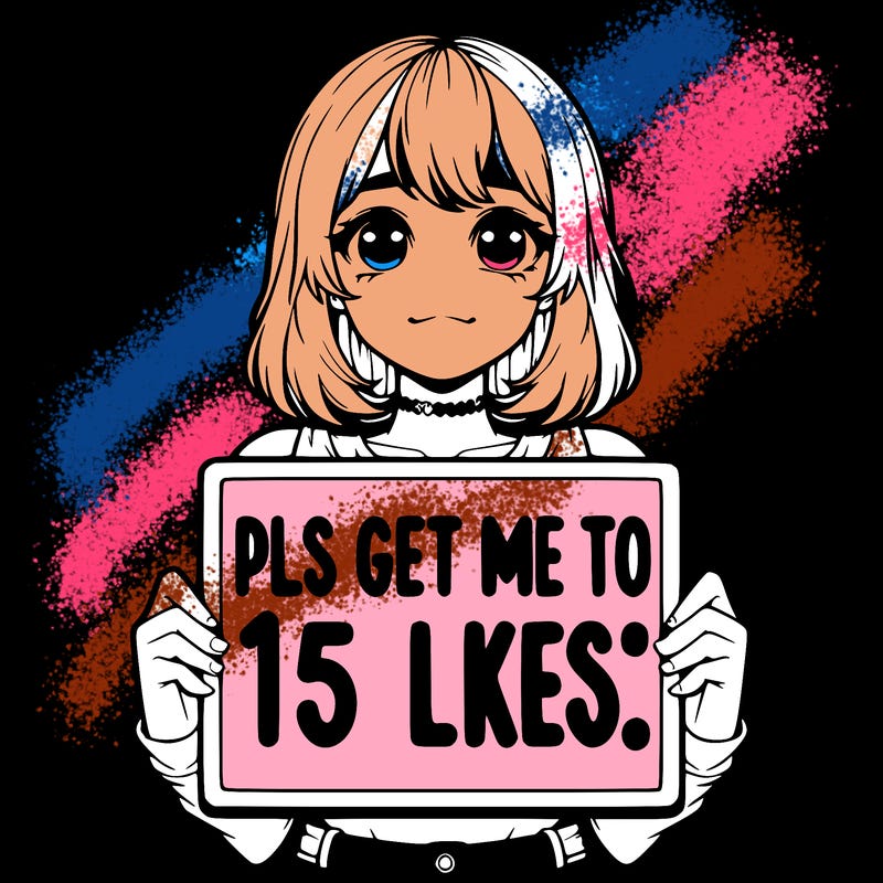 realistic girl holding up a sign that says “pls get me to 15 likes!”