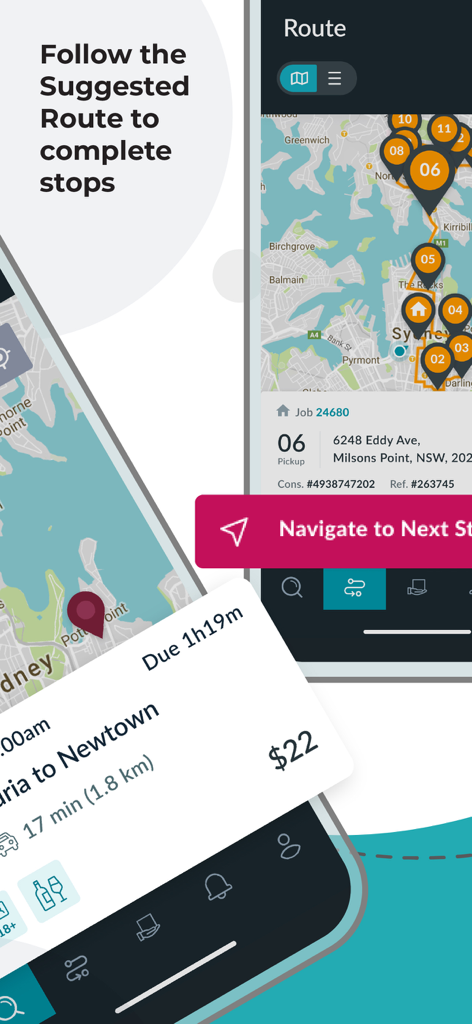 Sherpa Driver - 提案されたルートと番号付きの配達停止が表示された地図が表示されたSherpa Driverアプリのインターフェース。