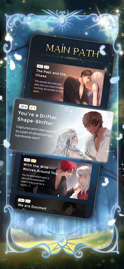 Moonlight Ascension - Otome - Main path menu of Moonlight Ascension otome game showing various story chapters and romantic character illustrations