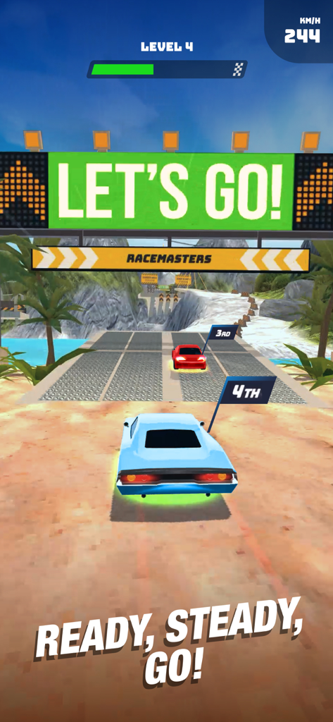 Gameplay screen of Race Master 3D showing a blue car at the start of a race with a tropical background and the text Ready Steady Go
