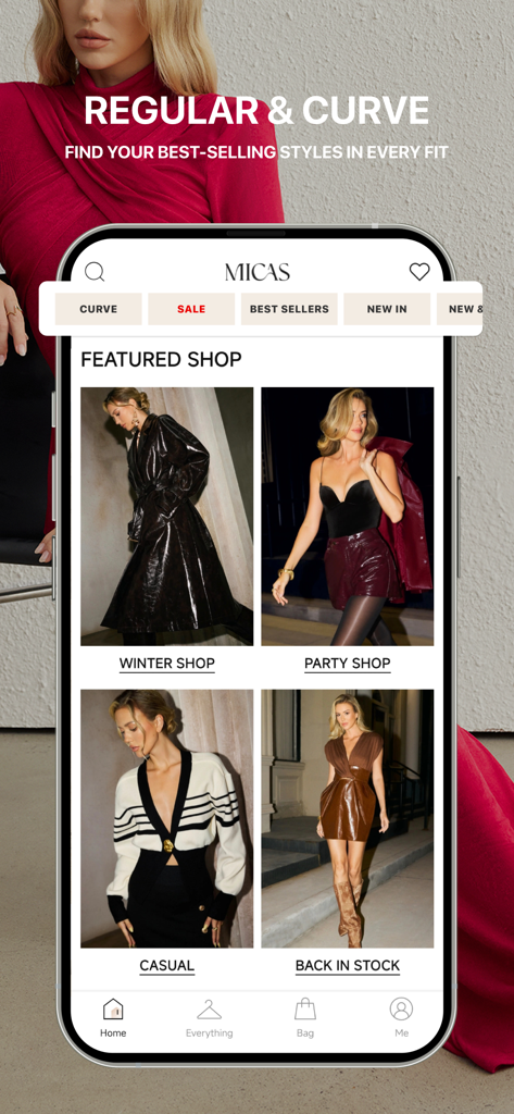 MICAS - Shop Women's Fashion - Interfaz de la app de moda MICAS que muestra colecciones de ropa regular y de tallas grandes con categorías destacadas de invierno y fiesta