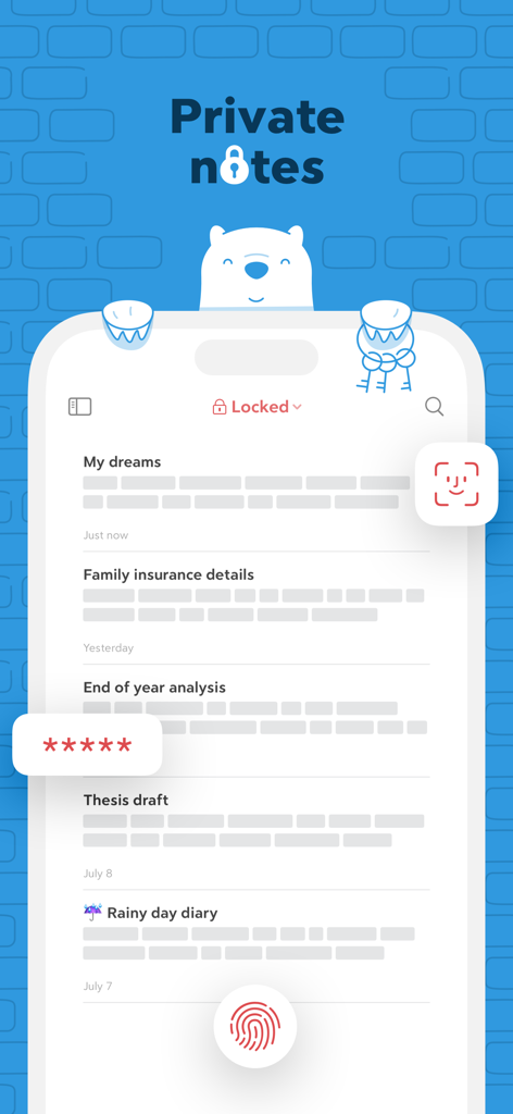 Bear - Markdown Notes - Bear app interface showing private notes protected by Face ID Touch ID and password encryption