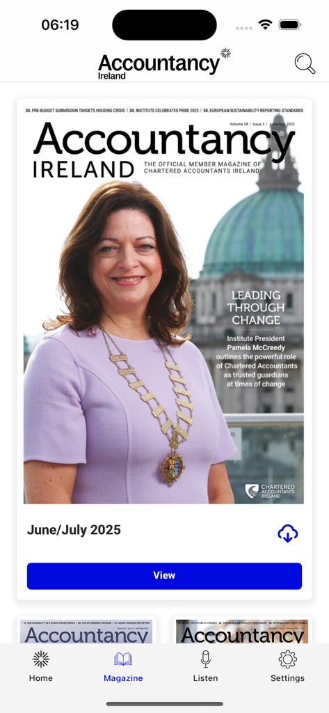 Accountancy Ireland - Accountancy Ireland mobile app magazine screen displaying the June July 2025 issue featuring the Institute President