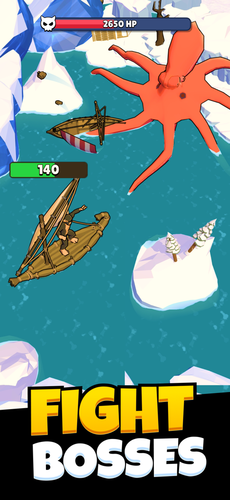 A primitive human on a raft fighting a giant red octopus boss in an icy sea
