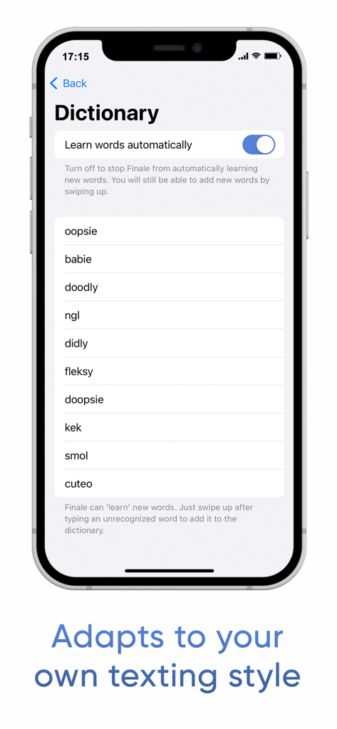 Finale Keyboard - Finale Keyboard dictionary screen showing a list of learned custom words and the auto learn feature