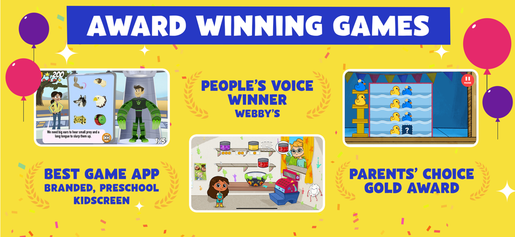 PBS KIDS Games app awards and gameplay screenshots featuring Webby and Kidscreen winners.