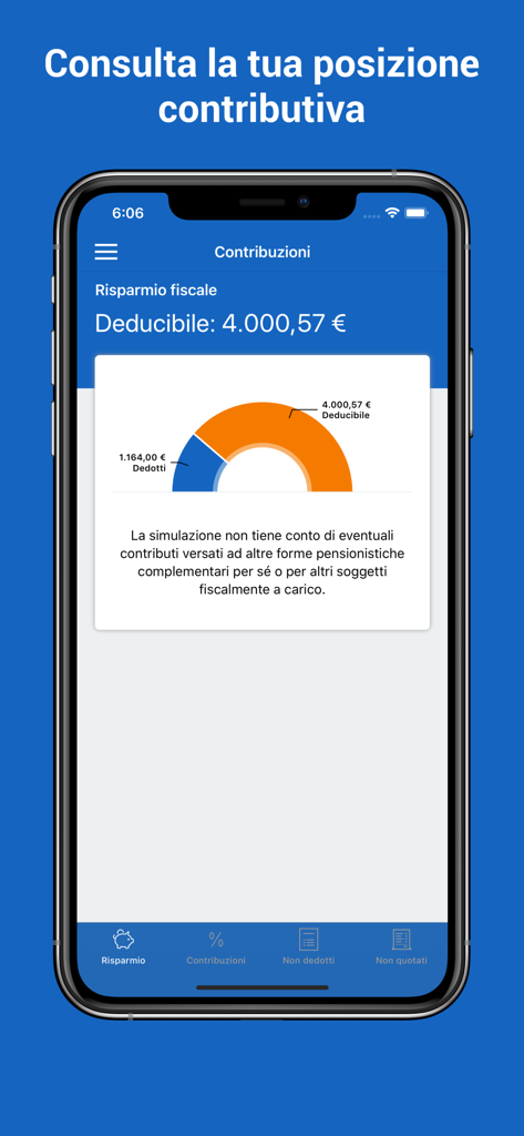 Fondo Cometa mobile app interface displaying a donut chart representing tax deductible pension contributions in Euros