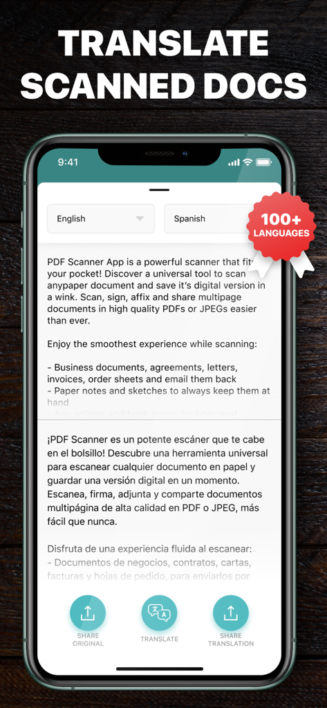 Scanner PDF 앱 인터페이스에서 스캔한 문서를 영어에서 스페인어로 번역하는 모습 (100개 이상 언어 지원 강조 배지 포함)