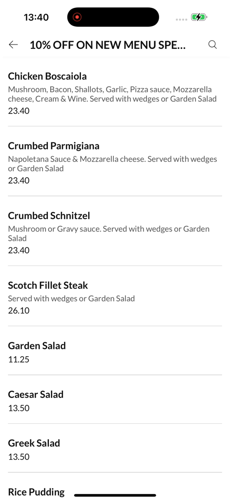 Seven Kings Cafe - A list of food items including Chicken Boscaiola and Scotch Fillet Steak on the Seven Kings Cafe app menu.