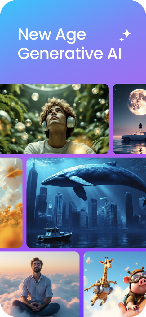 Steve AI: AI Video Generator - A collage of diverse high quality AI generated video styles including surreal cityscapes animations and cinematic portraits