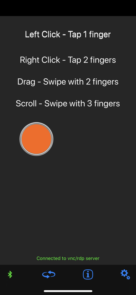 Screenshot of Mouse Easy app interface displaying gesture instructions for mouse clicks, dragging, and scrolling with a touch interface.