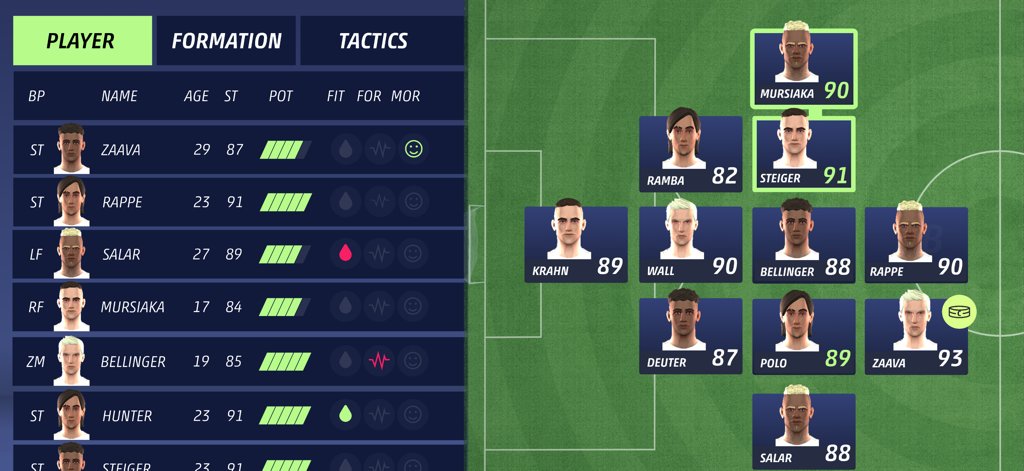 Team formation and player management screen in SEASON 24 Soccer Manager